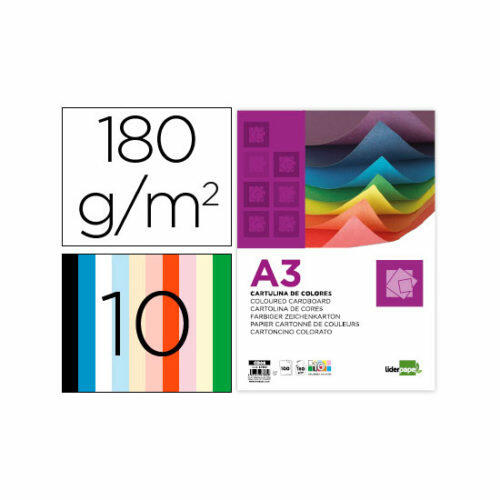 Cartulina liderpapel a3 180g/m2 10 colores surtidos paquete 100 hojas Liderpapel