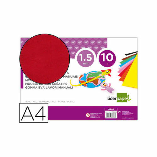 Goma eva liderpapel din a4 60g/m2 espesor 1,5mm rojo paquete de 10 hojas Liderpapel