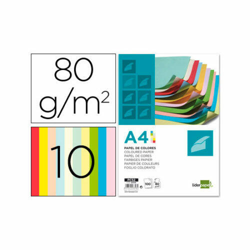 Papel Color Liderpapel A4 80G/M2 10 Colores Surtidos - Paquete de 100