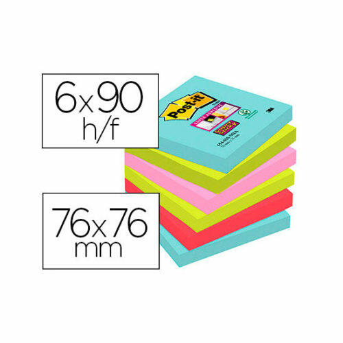 Bloc de notas adhesivas post-it super sticky 76x76 mm - pack de 6 unidades colores miami